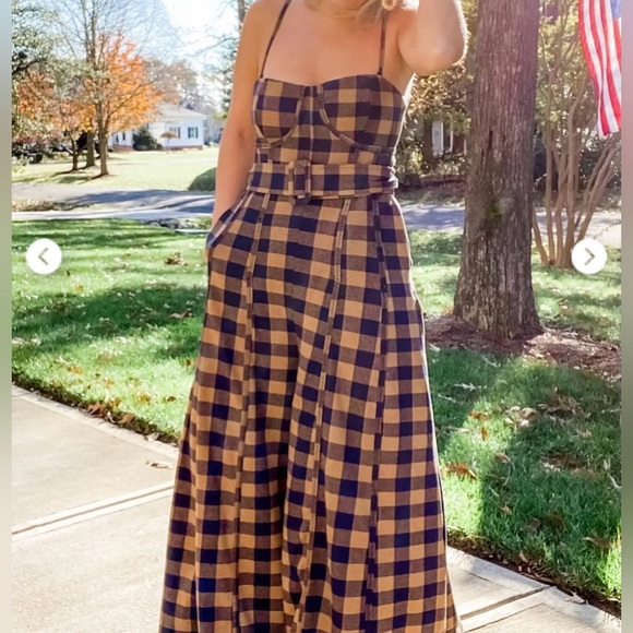 Free People Strapless Plaid Belted Jumpsuit in Navy and Tan - Picture 7 of 15